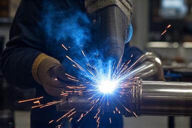 Close-up of a custom exhaust system being welded by a skilled fabricator.